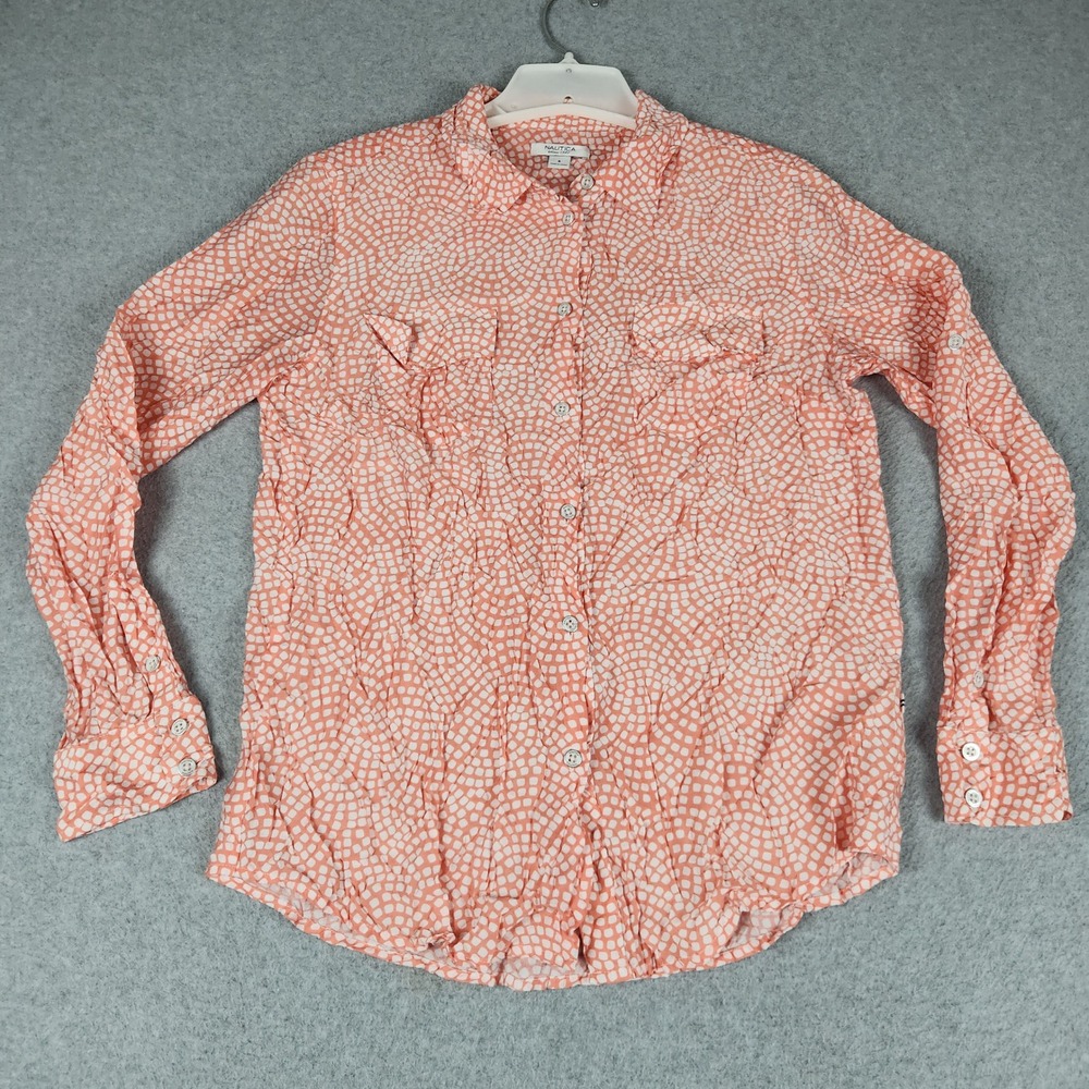 Nautica Shirt Women 8 Coral White Mosaic Print Classic Fit Long Sleeve Button Up